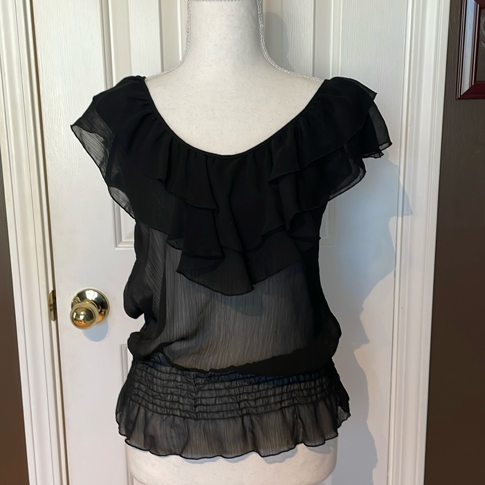 Max Azria Black Sheer Smocked Top With Ruffles. Small